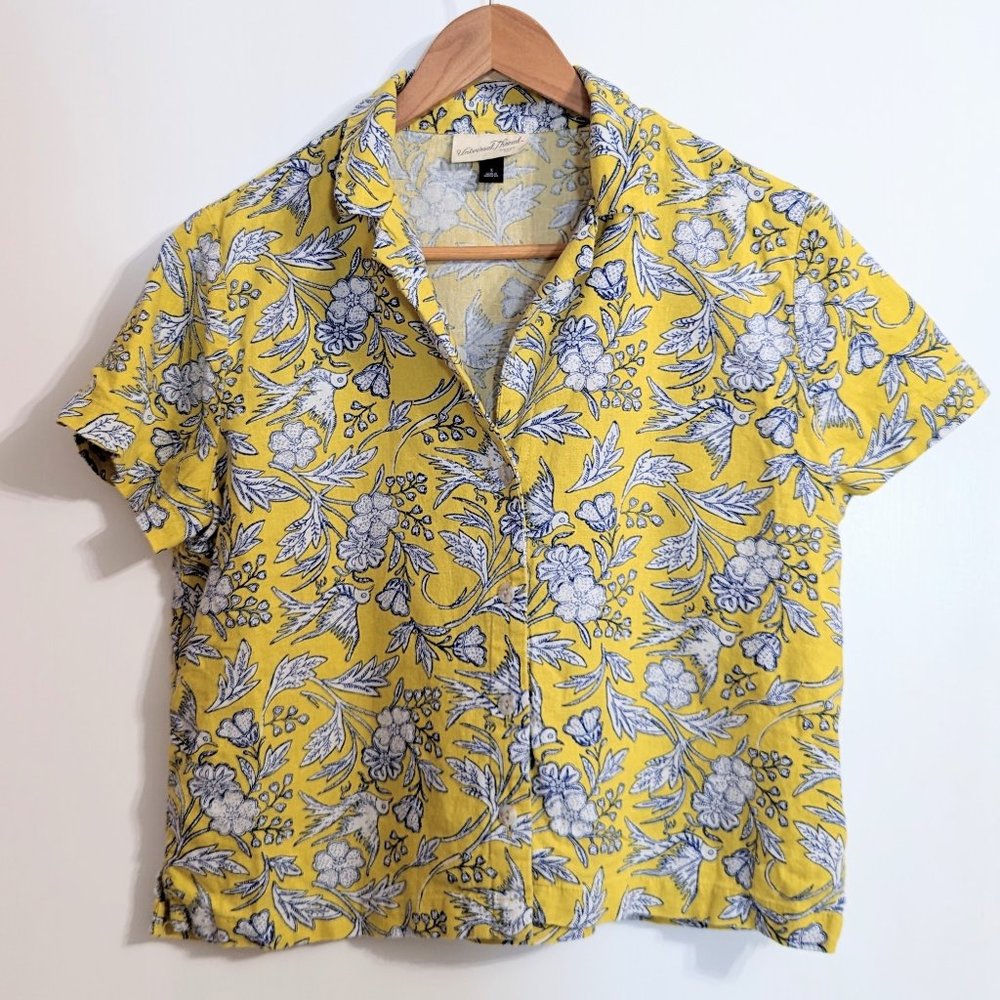 Yellow Floral and Bird Print Linen Button Down Shirt